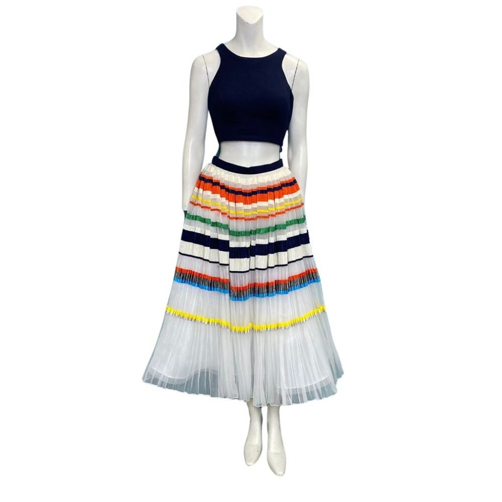 Jovani Striped Two Piece Pleated Midi Dress Navy Blue White Size 8 NWT